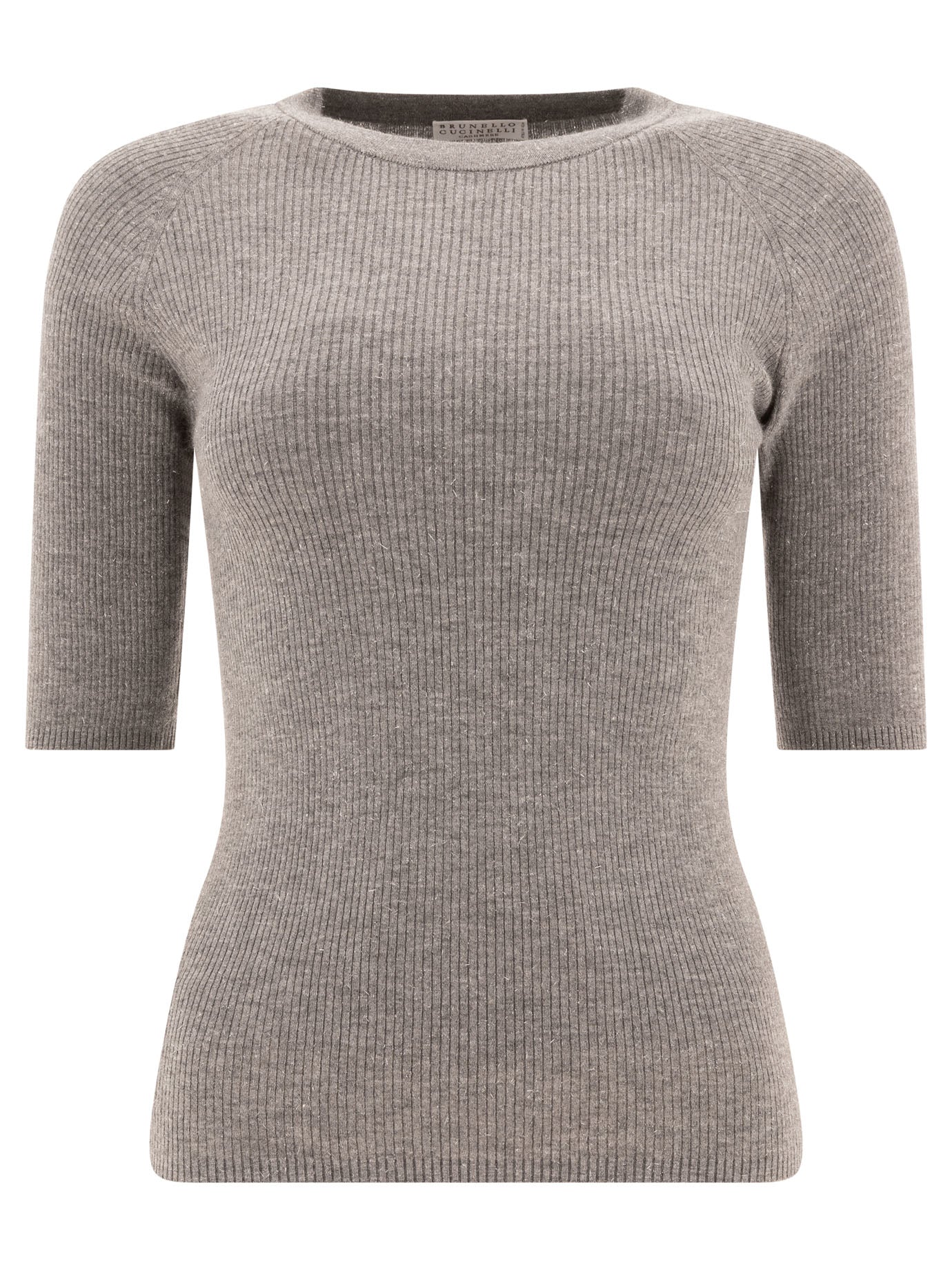 Brunello Cucinelli-Ribbed Cashmere Sparling Sweater Knitwear Grey-Donna