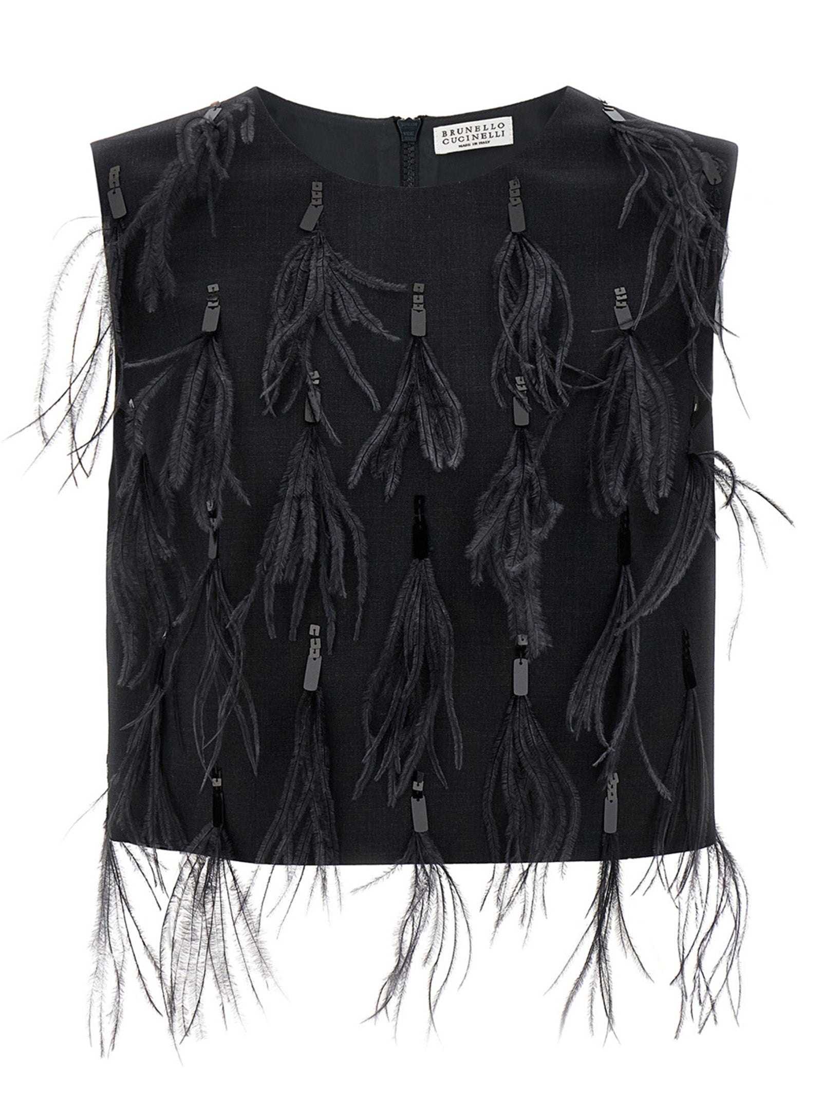 Brunello Cucinelli-Sequin Feather Top Top Nero-Donna