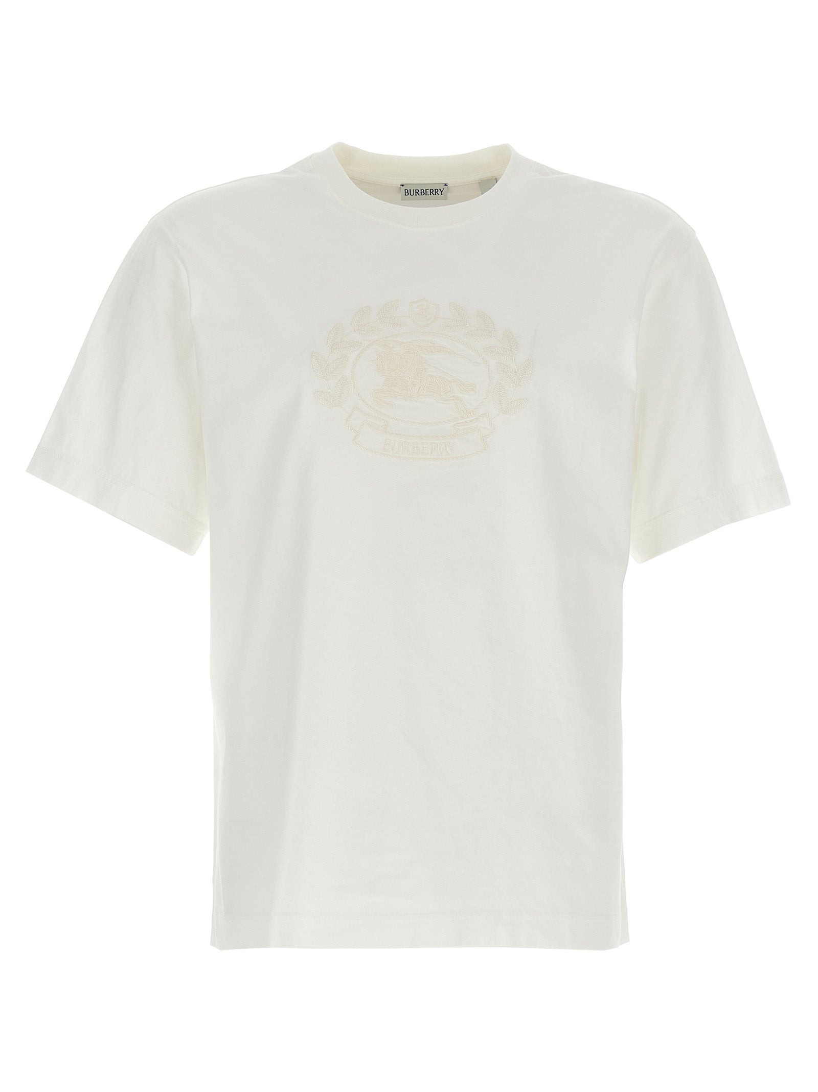 Burberry-Logo Embroidery T Shirt Bianco-Uomo