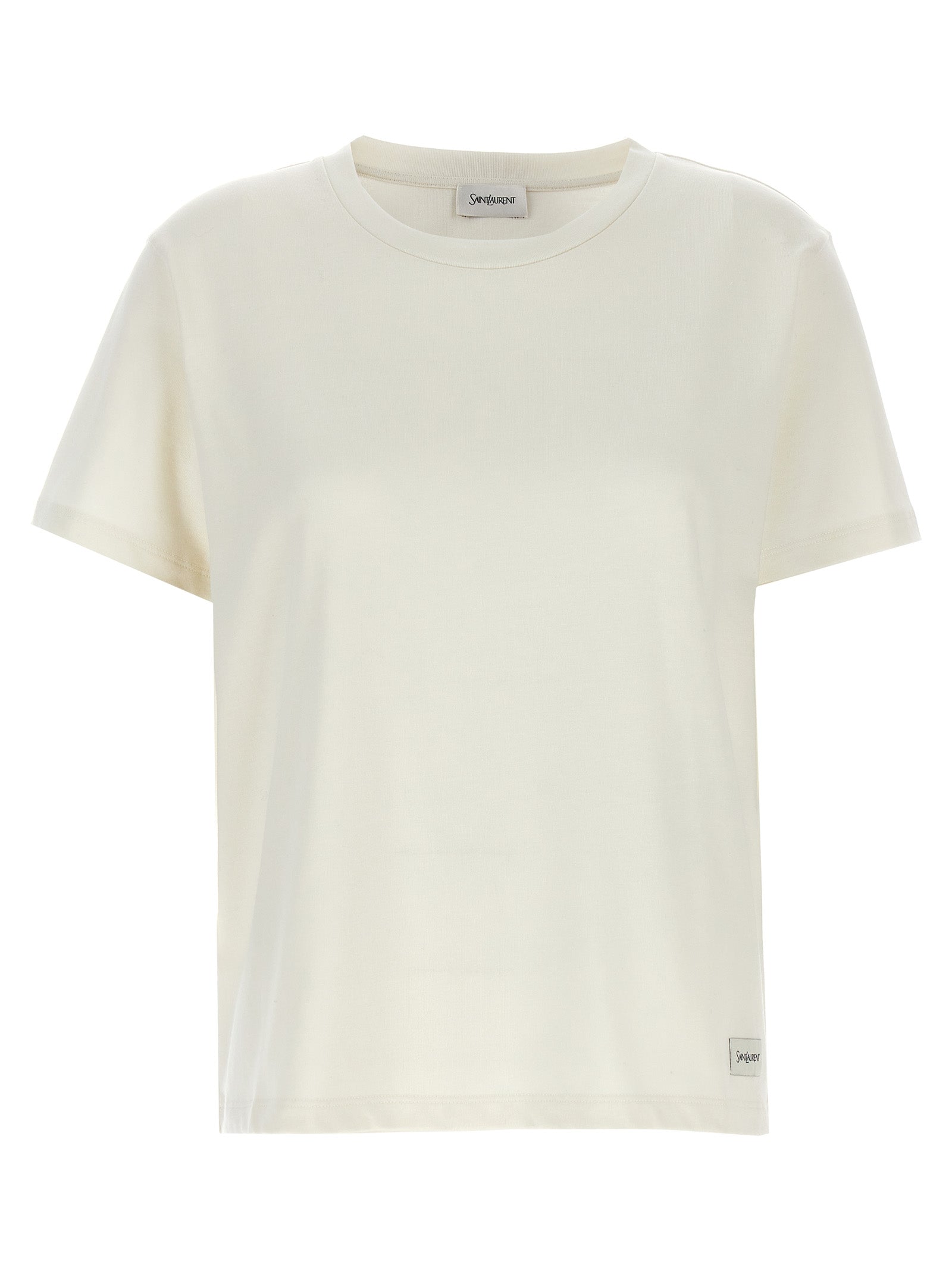 Saint Laurent-Logo Label T Shirt Bianco-Donna