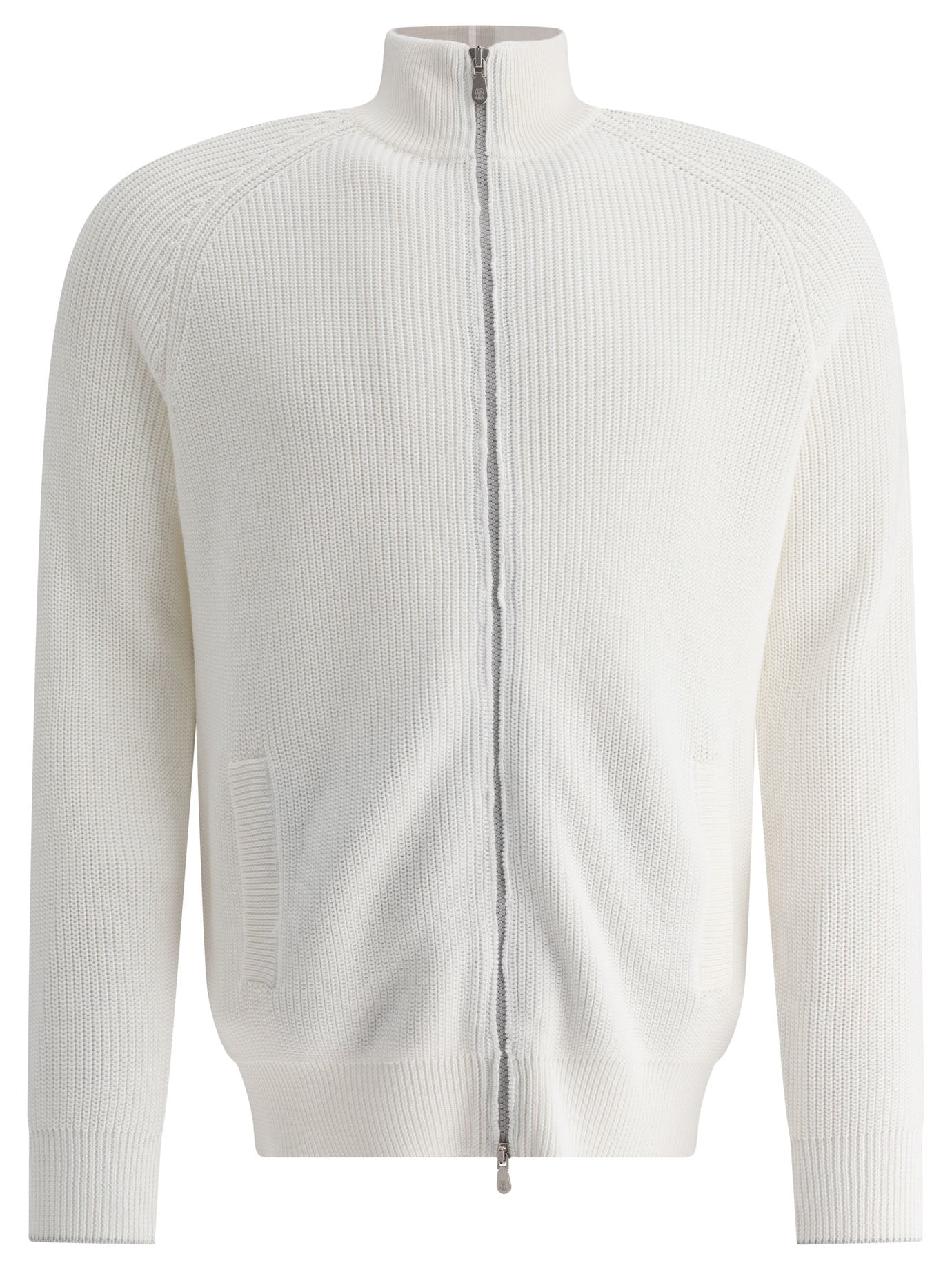 Brunello Cucinelli-Half English Rib Turtleneck Cardigan With Zipper Knitwear Bianco-Uomo