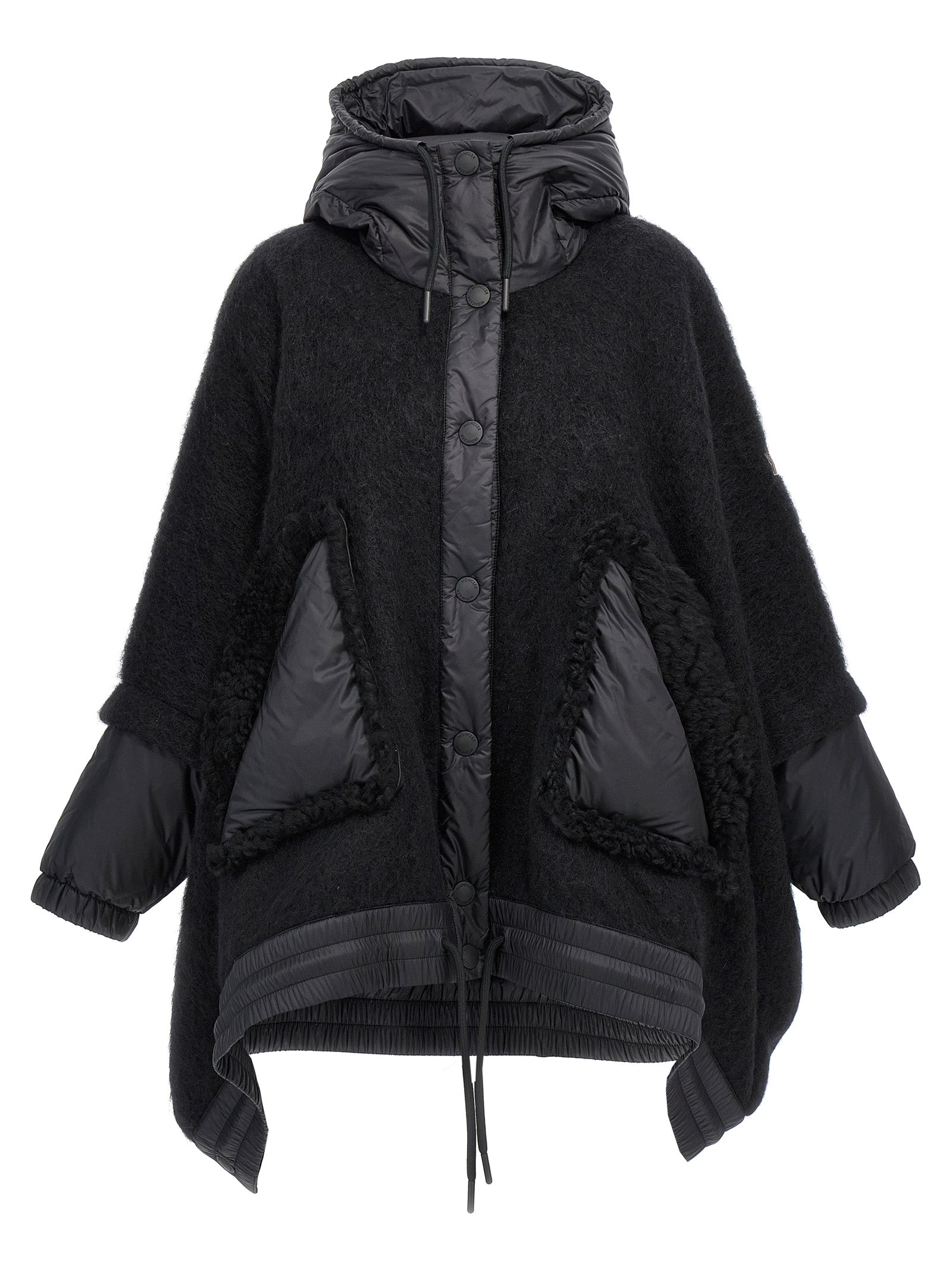 Moncler Grenoble-Felt Nylon Cape Mantelle Nero-Donna