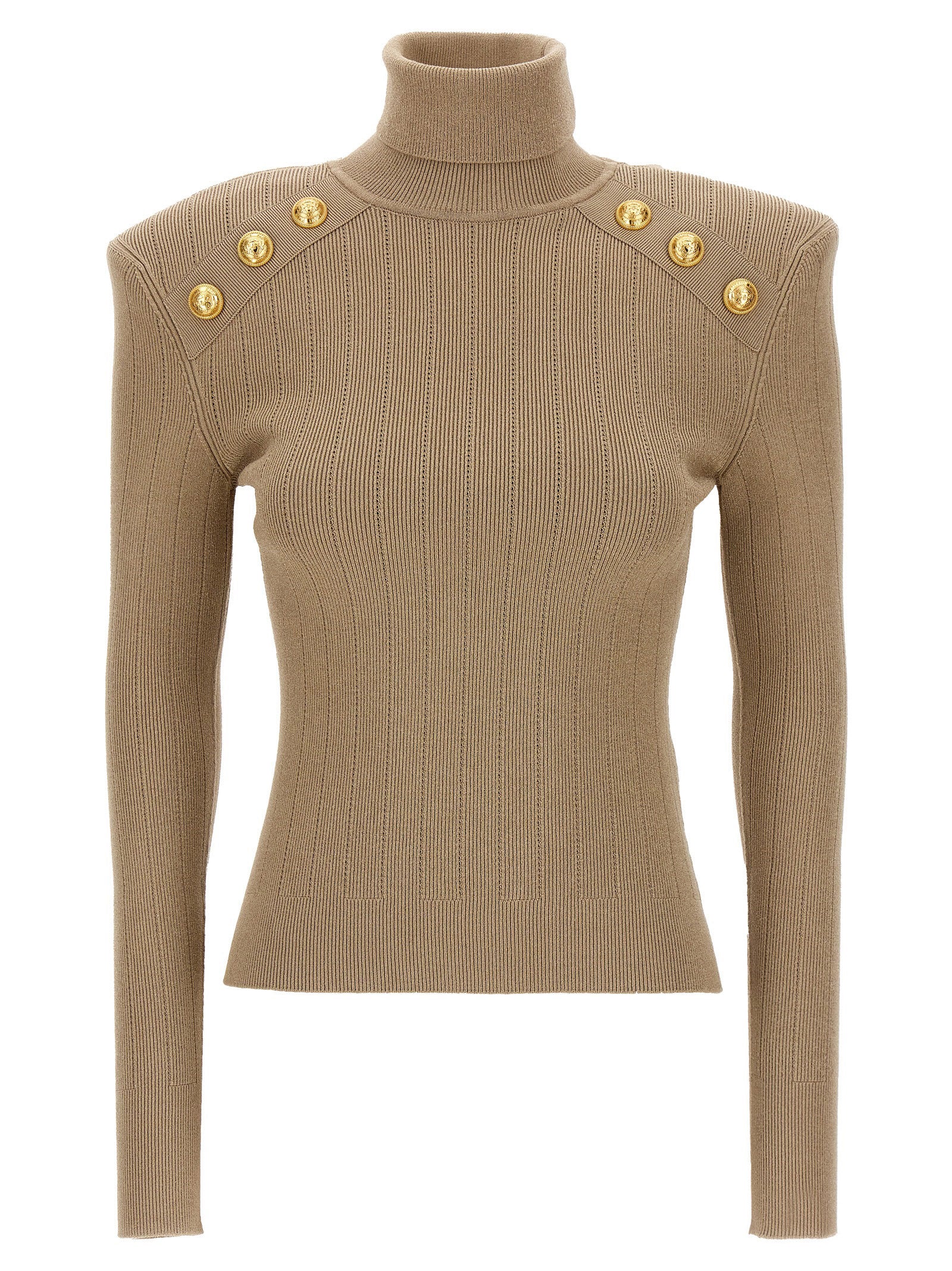 Balmain-Ribbed Button Sweater Maglioni Beige-Donna