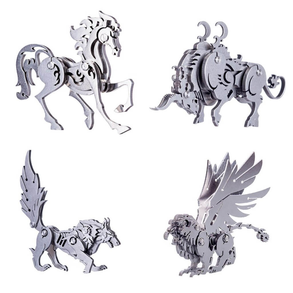 4PCS Griffin Wild Wolf Cattle Horse DIY 3D Stainless Steel Metal Puzzle Model