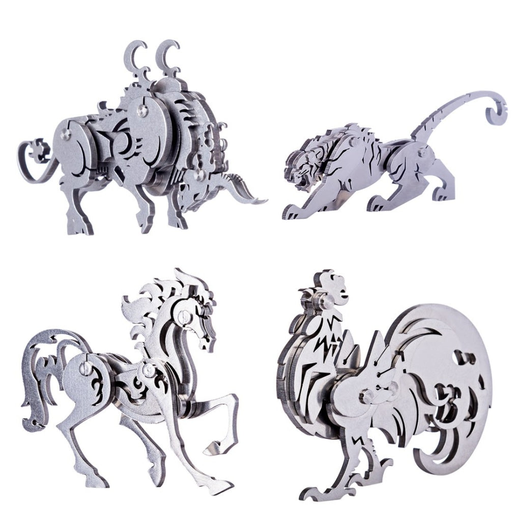 4PCS DIY Assembly 3D Stainless Steel Tiger Cattle Cock Horse Puzzle Toy