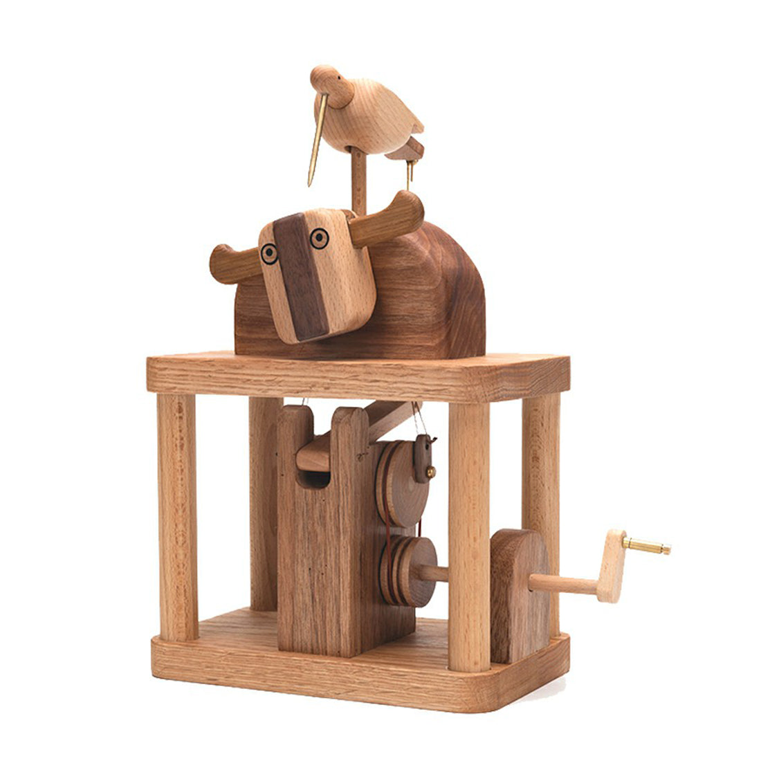 Automata Cute Animal Music Box Wooden Cow and Bird Musical Box for Home Decor