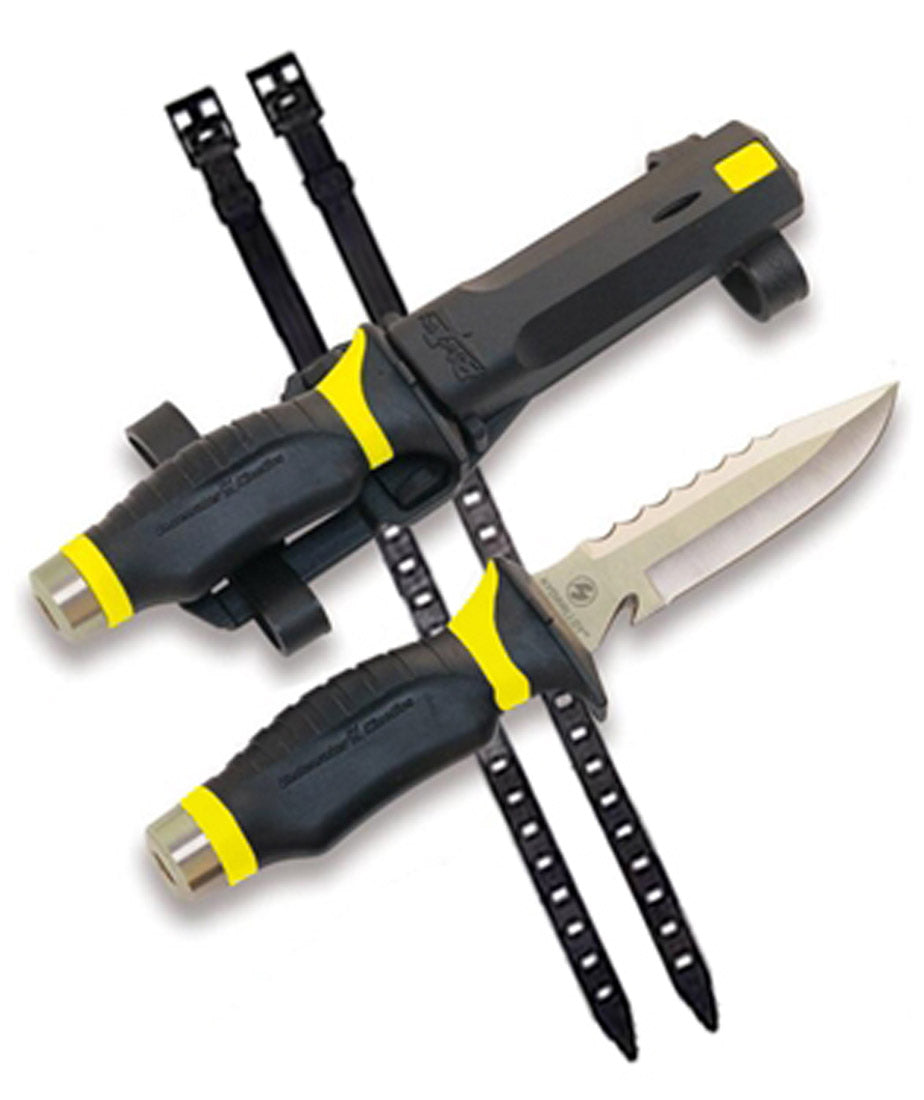 UK Blue Tang Sharp Drop Tip Scuba Dive Knife with Sheath and Straps HYDRALLOY