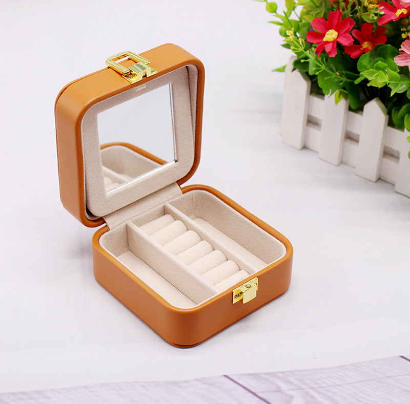 Double-layer Mini stud earrings rings Jewelry Mirror Box Useful Makeup Organizer Travel Portable Jewelry PU Box