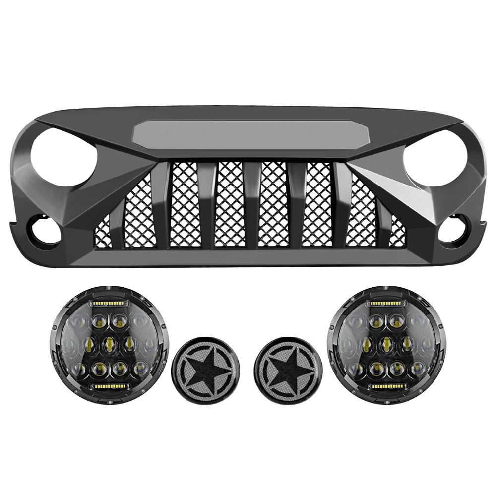 Gladiator Vader Grille & Smoked Star Turn Lights & Honeycomb LED Headlights Combo for 07-18 Jeep Wrangler JK