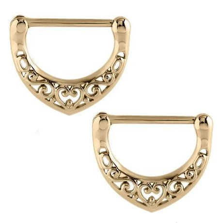 Zircon Gold Filigree Heart Nipple Clickers