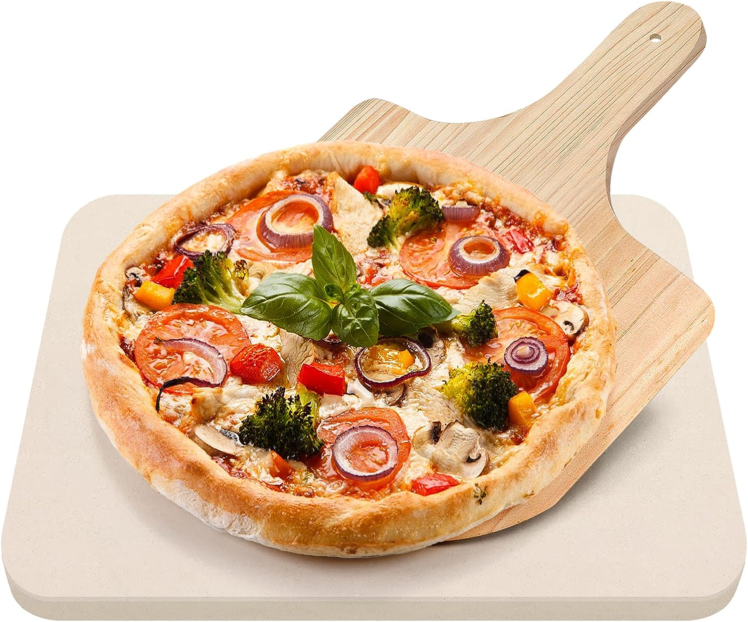 Pizza Set with 15"" x12"" Baking Stone for Oven or Grill + Wooden Peel