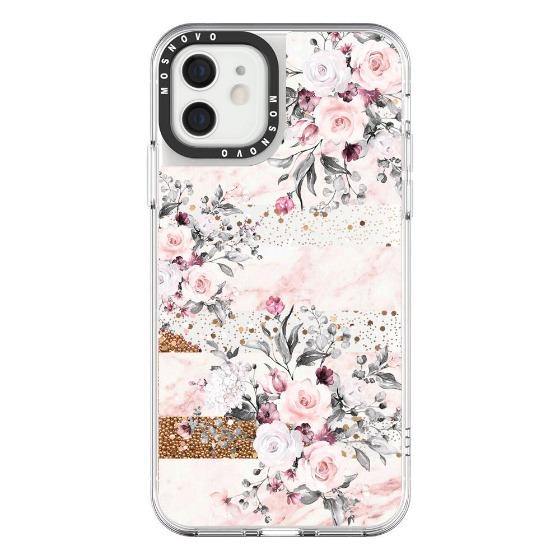 Pink Marble Flowers Glitter Phone Case - iPhone 12 Mini Case