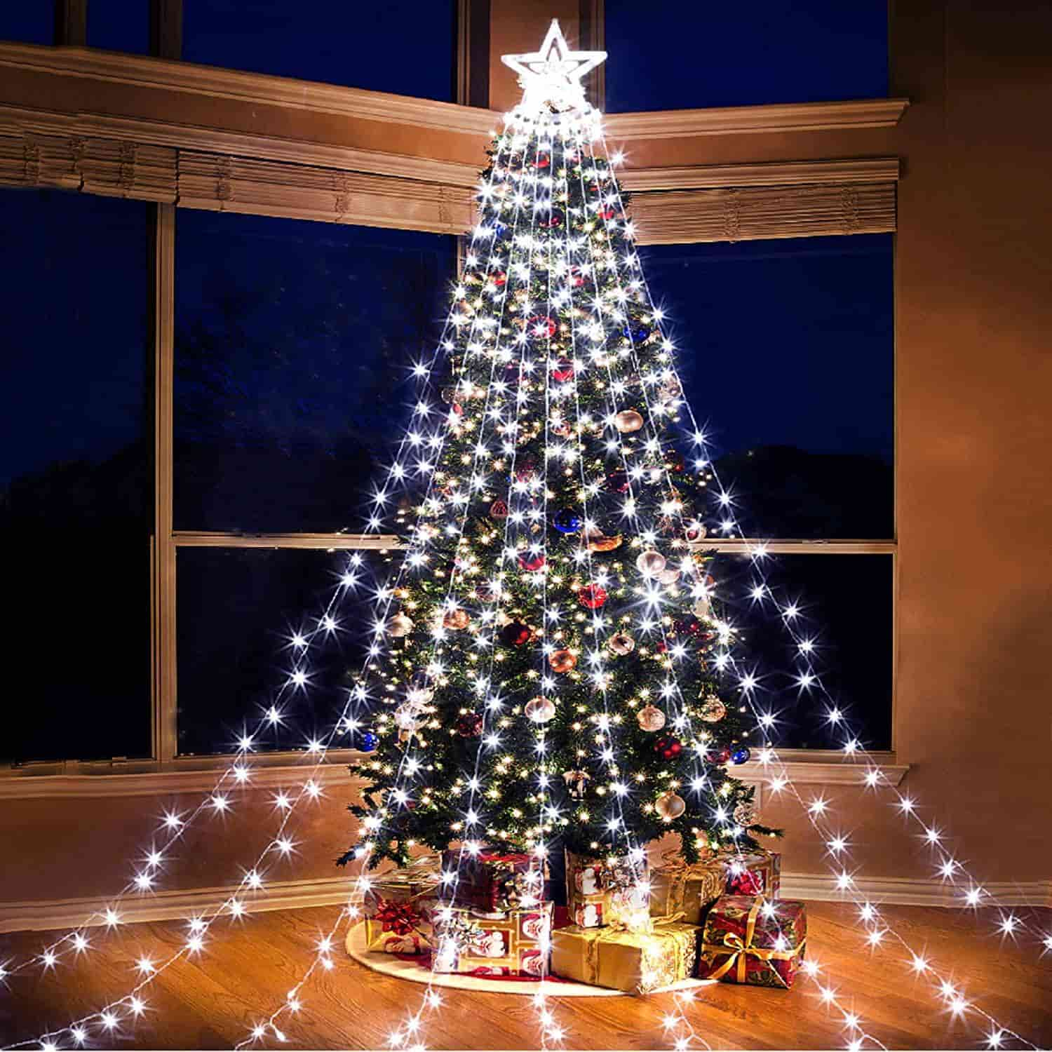 Star String Lights with 12" Star Topper, 8 Modes Waterfall Lights, 4 COLOR