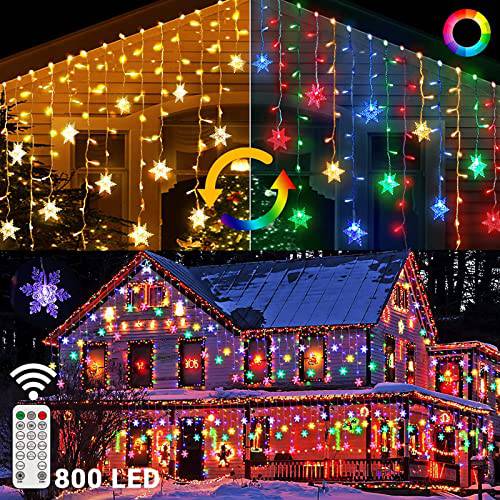 65.6FT 800 LED Snowflake Christmas Icicle, Outdoor Indoor Lights with 160 Drops, Remote Control & 11 Modes Curtain Fairy Light