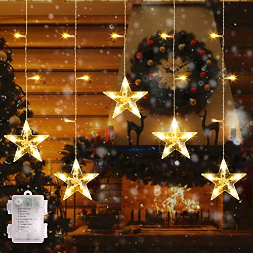 Star Curtain Lights, Battery Operated 5PCS Christmas Curtain Lights, Warm White