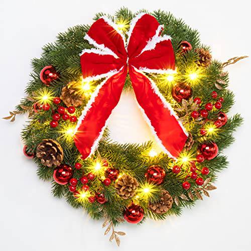 16 Inch Artificial Garland Wreath with Bow-Knot Christmas Wreath with 40 LED Lights