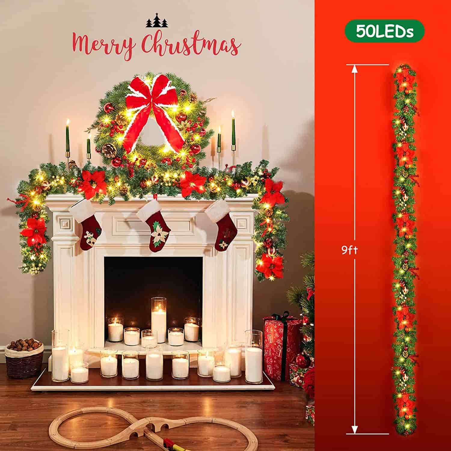 9ft Christmas Garland 50 Led Lights Timing Function Poinsettia Flowers