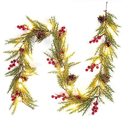 2 Pack Christmas Garland with Lights, 5.7FT 20 LED Artificial Red Berry Garland Christmas Decorations PineCones Bells