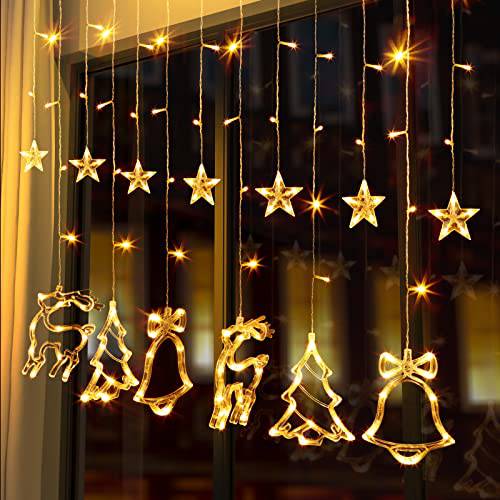 138LEDs Christmas Curtain Lights,7.5ft Connectable Star Elk Jingle Bell Xmas Tree String Lights with 8 Modes