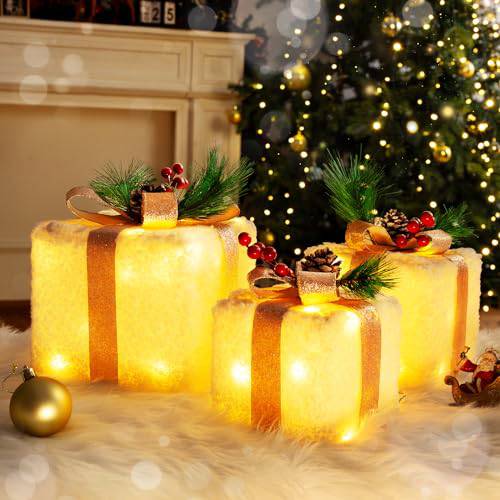 Set of 3 Plug-In Christmas Gift Gold Bows Lighted Boxes (60 LEDs)