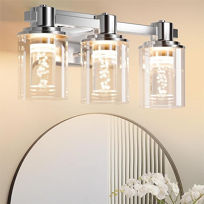 Quntis Bathroom Vanity Lights, 3-Lights Modern Chrome Bathroom Light Fixtures Over Mirror with Clear Glass Shade Crystal Bubble Wall Sconce Lighting for Hallway Kitchen Bedroom Living Room