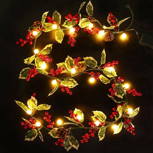 2 Pack 1.8M Christmas Red Berries Garland (40 LEDs)