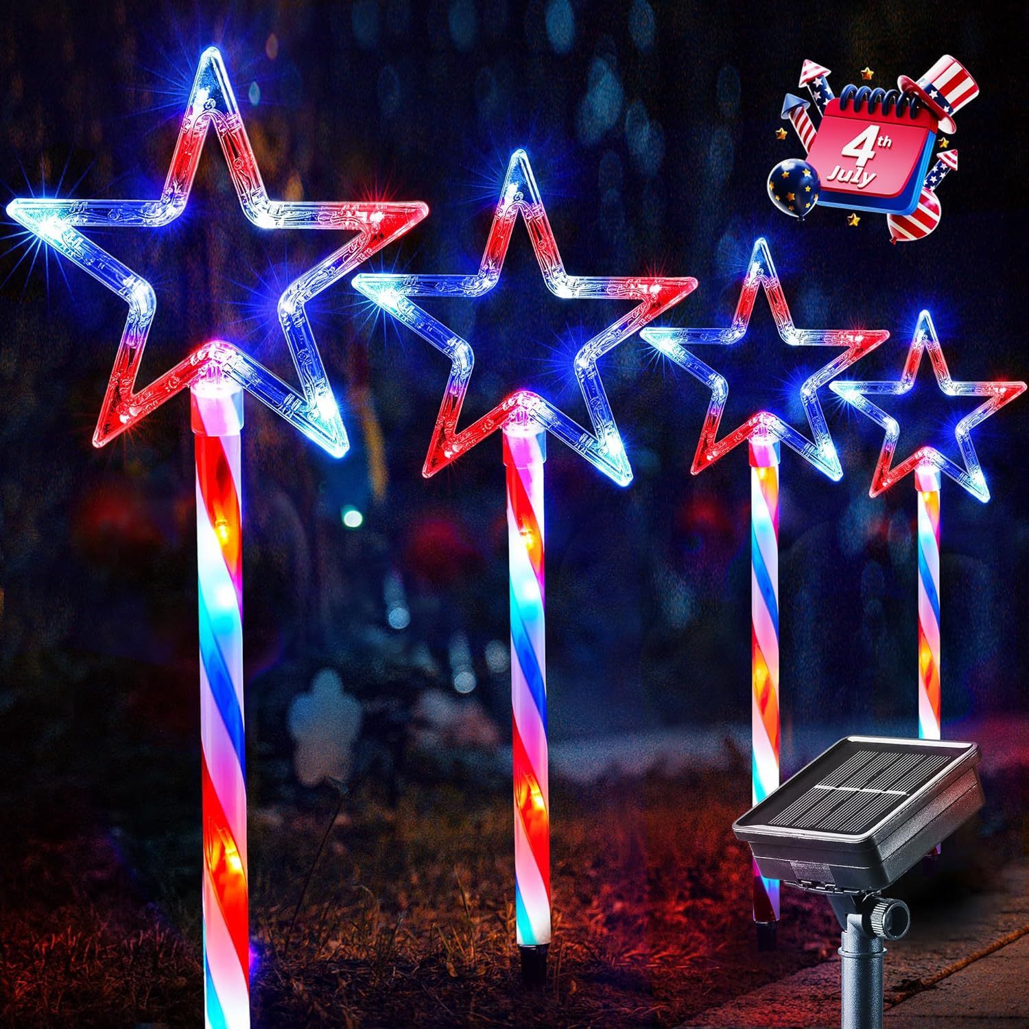 Solar 4th of July Decorations Outdoor, 4PCS Red White Blue Star Lights with Lighted Stakes, 8 Modes, Waterproof Patriotic Stars Pathway Lights